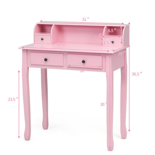 Writing Desk 2-Tier Vanity Desk Computer Desk with 4 Drawers-Pink