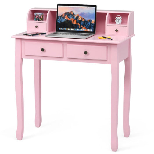 Writing Desk 2-Tier Vanity Desk Computer Desk with 4 Drawers-Pink