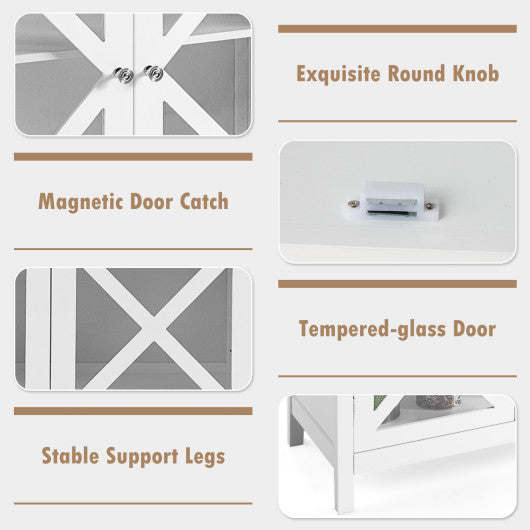 Freestanding Kitchen Buffet Cabinet with Glass Doors and Adjustable Shelf-White