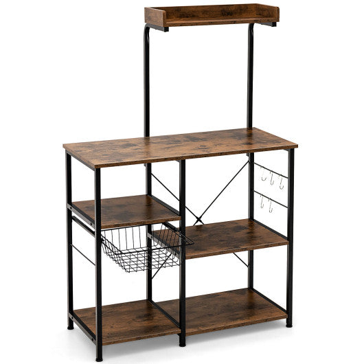 4-tier Kitchen Baker's Rack with Basket and 5 Hooks-Rustic Brown