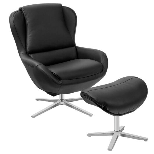 360°  Swivel Leather Lounge Chair with Ottoman and Aluminum Alloy Base-Black