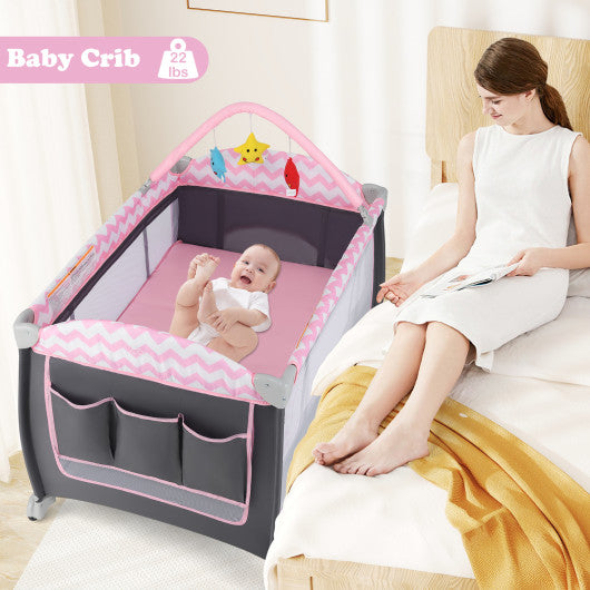 3-in-1 Portable Baby Playard with Zippered Door and Toy Bar-Pink