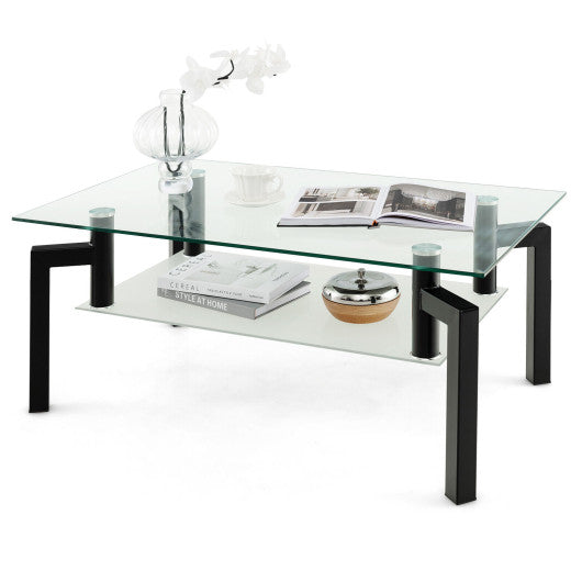 2-Tier Rectangular Glass Coffee Table with Metal Tube Legs-Black