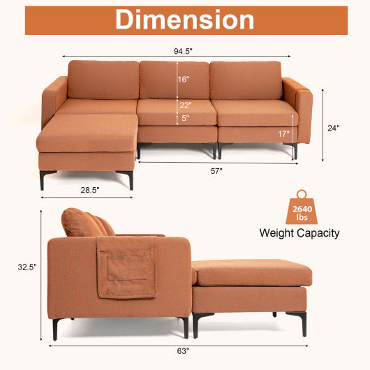 Modular 3-Seat L-shaped Sectional Sofa with Reversible Chaise and 2 USB Ports-Orange