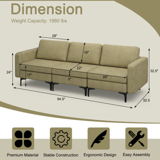 3-Seat Sectional Sofa Couch with Armrest Magazine Pocket and Metal Leg-Green