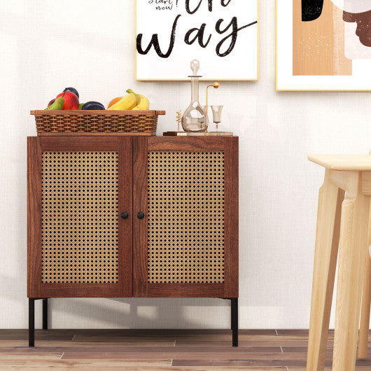 Kitchen Sideboard with 2 Rattan Doors and Adjustable Shelf-Walnut