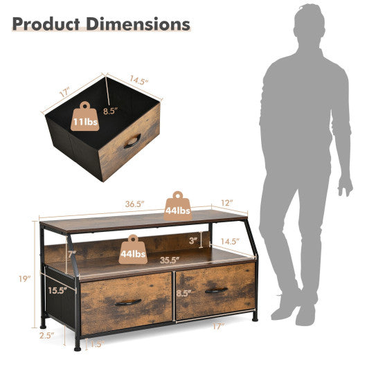 Dresser TV Stand with 2 Folding Fabric Drawers and Open Shelves-Rustic Brown