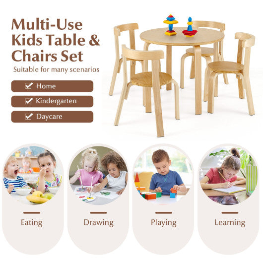 5-Piece Kids Wooden Curved Back Activity Table and Chair Set with Toy Bricks-Natural