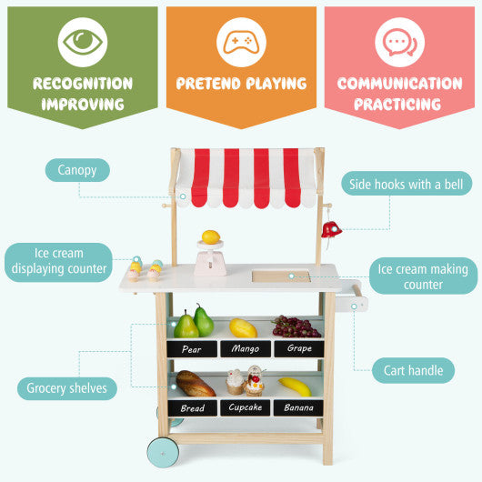 Kids Wooden Ice Cream Cart with Chalkboard and Storage-Red