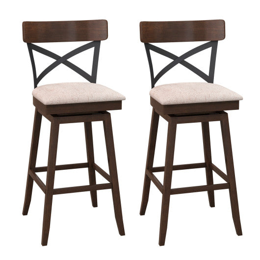 Set of 2 Wooden Swivel Bar Stools with Cushioned Seat and Open X Back-30 inches