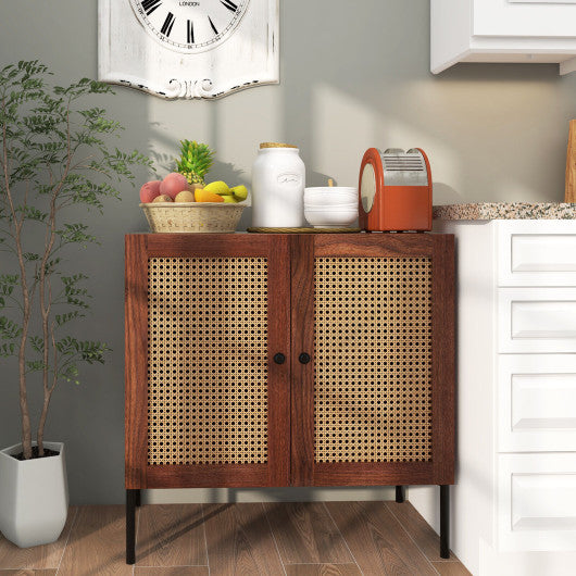 Kitchen Sideboard with 2 Rattan Doors and Adjustable Shelf-Walnut