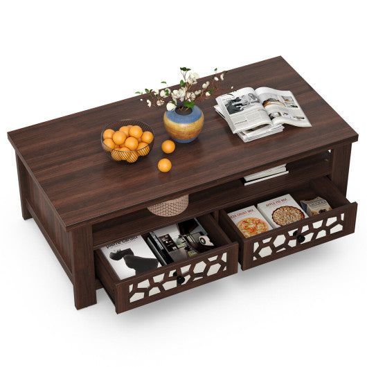 3-tier Coffee Table with 2 Drawers and 5 Support Legs-Brown