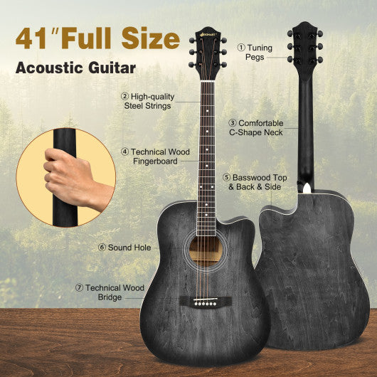 41 Inch Full Size Cutaway Acoustic Guitar Set for Beginner-Black