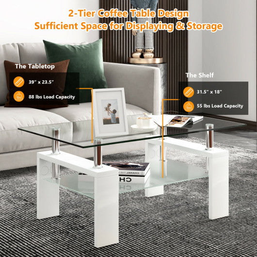 Rectangular Tempered Glass Coffee Table End Side Table with Shelf-White