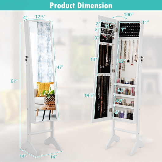 Free-Standing Jewelry Cabinet with Full-Length Mirror and Lockable Door-White