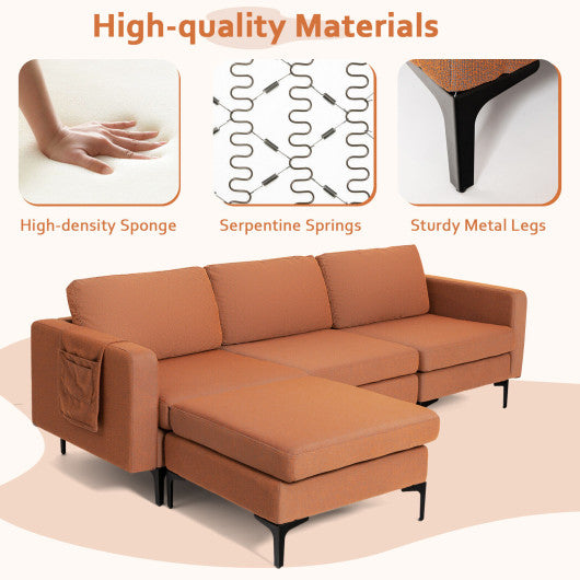 Modular 3-Seat L-shaped Sectional Sofa with Reversible Chaise and 2 USB Ports-Orange