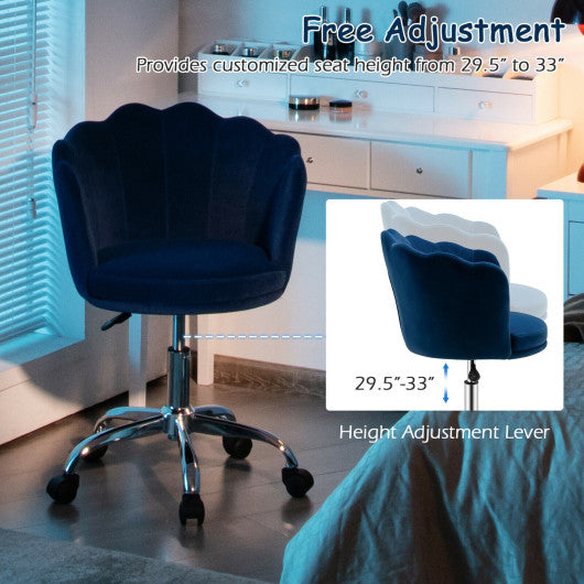 Upholstered Velvet Kids Desk Chair with Wheels and Seashell Back-Blue