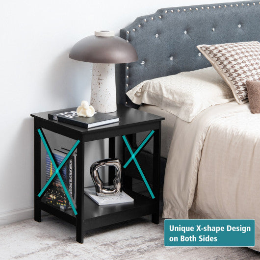 2-Tier Side Table with X-shape Design and 4 Solid Legs-Black