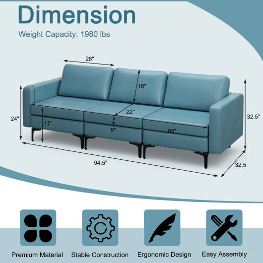 3-Seat Sectional Sofa Couch with Armrest Magazine Pocket and Metal Leg-Blue