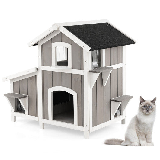 2-Story Outdoor Wooden Feral Cat House with Escape Door-Grey