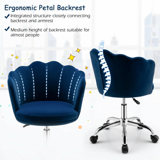 Upholstered Velvet Kids Desk Chair with Wheels and Seashell Back-Blue