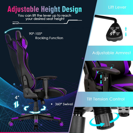Gaming Chair Adjustable Swivel Computer Chair with Dynamic LED Lights-Purple
