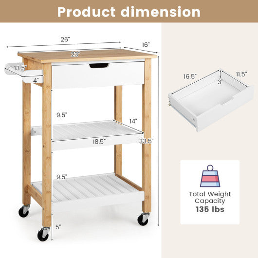 3-Tier Kitchen Island Cart Rolling Service Trolley with Bamboo Top-Natural