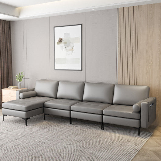 Modular L-shaped 4-Seat Sectional Sofa with Reversible Chaise and 2 USB Socket-Light Gray