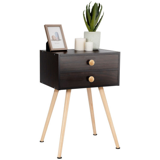 Mid Century Modern 2 Drawers Nightstand in Natural-Coffee