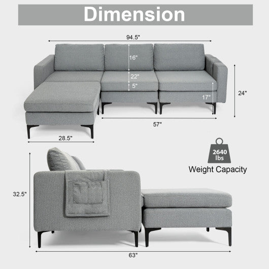 Modular 3-Seat L-shaped Sectional Sofa with Reversible Chaise and 2 USB Ports-Dark Gray