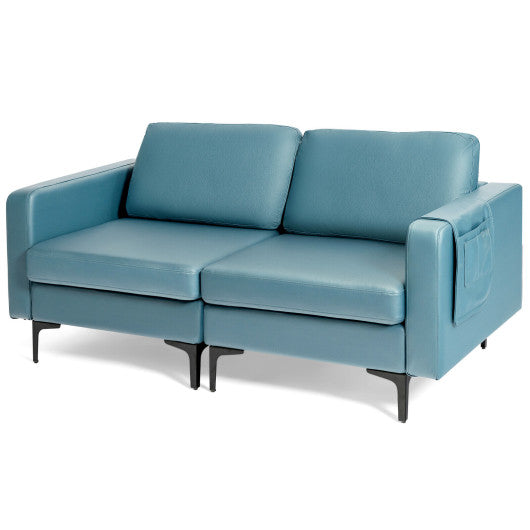 Modern Loveseat Sofa Couch with Side Storage Pocket and Sponged Padded Seat Cushions-Blue