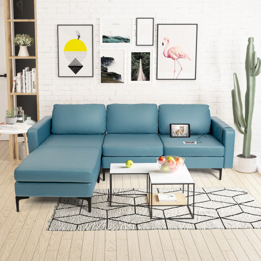 Modular 3-Seat L-shaped Sectional Sofa with Reversible Chaise and 2 USB Ports-Blue