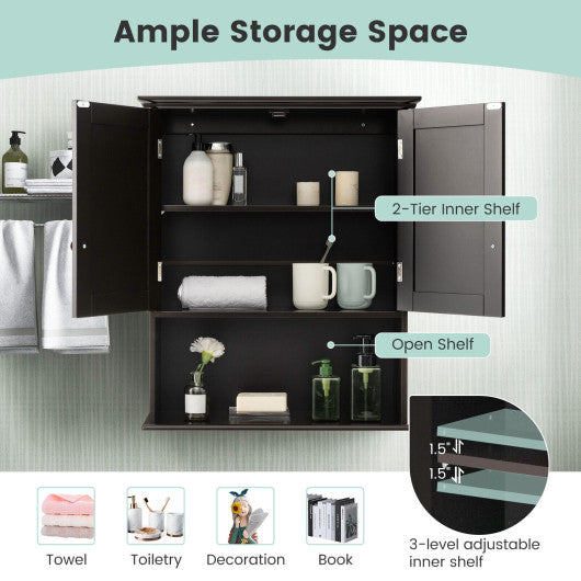 2-Door Wall Mount Bathroom Storage Cabinet with Open Shelf-Espresso
