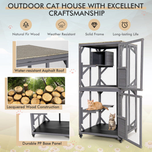 Outdoor Cat House Enclosures on Wheels Kitten Cages with Resting Box-Gray