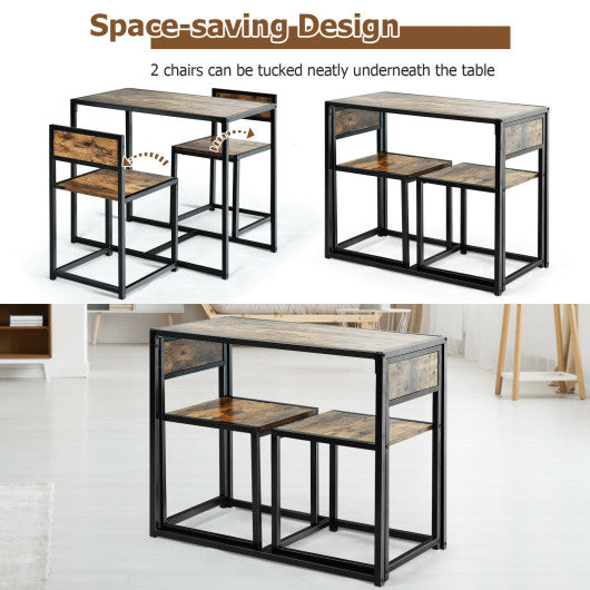 3 Pcs Dining Set Compact Table and 2 Chair with Metal Frame for for Small Space-Coffee