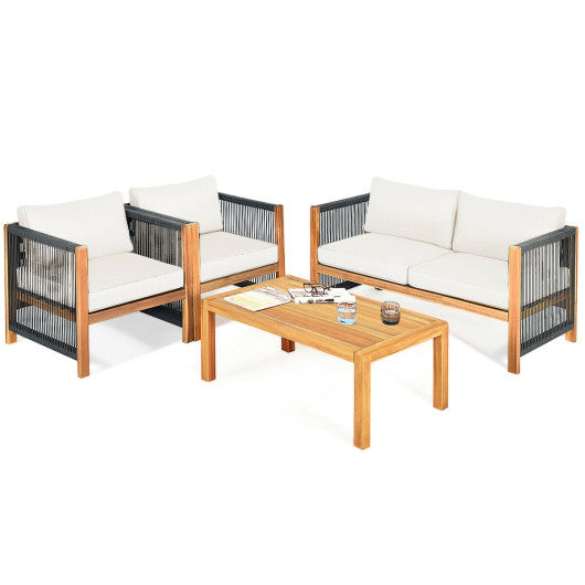 4 Pieces Acacia Wood Outdoor Patio Furniture Set with Cushions-White