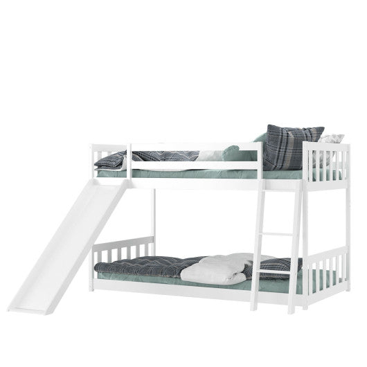 Twin over Twin Bunk Wooden Low Bed with Slide Ladder for Kids-White