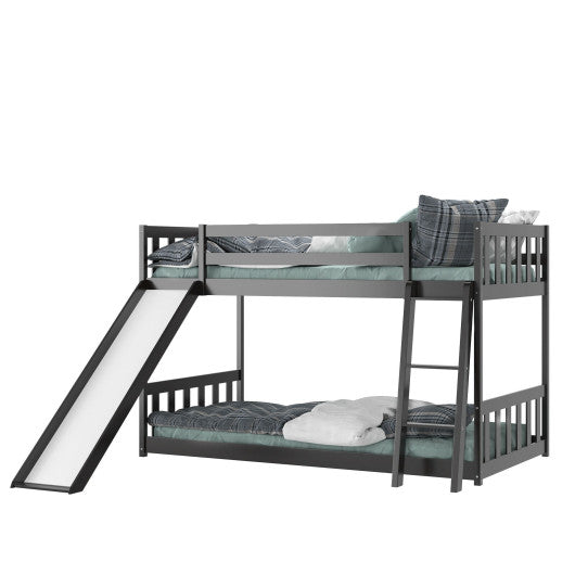 Twin over Twin Bunk Wooden Low Bed with Slide Ladder for Kids-Dark Brown