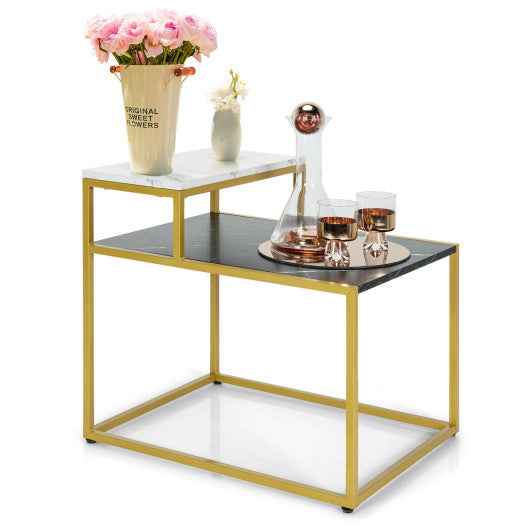 2 Tier End Side Table with Metal Frame and Storage Shelf for Living Room-White
