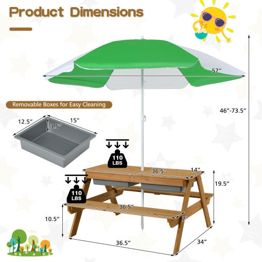 3-in-1 Kids Outdoor Picnic Water Sand Table with Umbrella Play Boxes-Green
