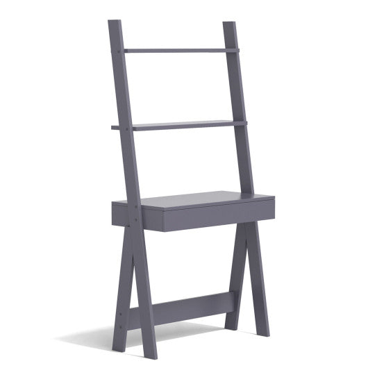Ladder Shelf Desk Bookcase with Countertop Drawer and 2 Shelves-Gray
