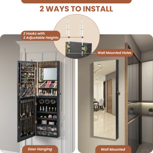 Wall Mounted Jewelry Cabinet with 3-Color Lights-Black