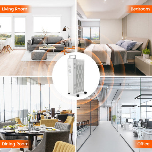 1500W Oil Filled Space Heater with Universal Wheels and 3-Level Heat-White