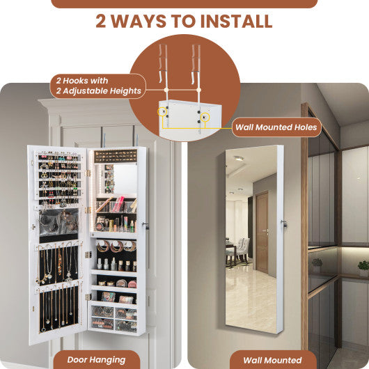 Wall Mounted Jewelry Cabinet with 3-Color Lights-White