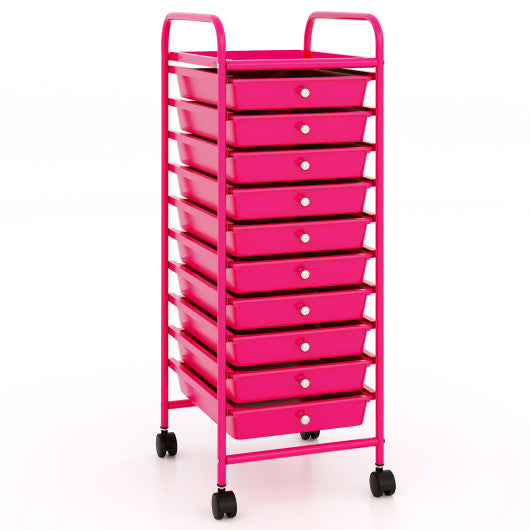 10 Drawer Rolling Storage Cart Organizer with 4 Universal Casters-Pink
