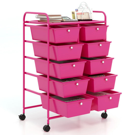10-Drawer Rolling Storage Cart-Pink