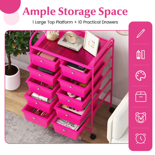 10-Drawer Rolling Storage Cart-Pink