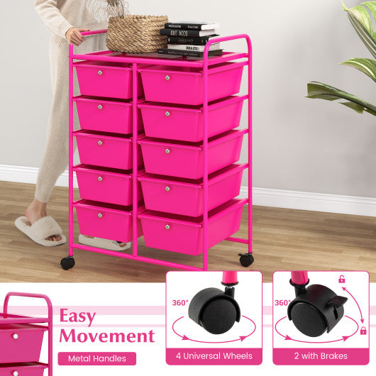 10-Drawer Rolling Storage Cart-Pink