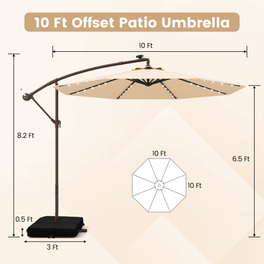 10 Feet Cantilever Umbrella with 32 LED Lights and Solar Panel Batteries-Beige