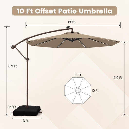 10 Feet Cantilever Umbrella with 32 LED Lights and Solar Panel Batteries-Tan
